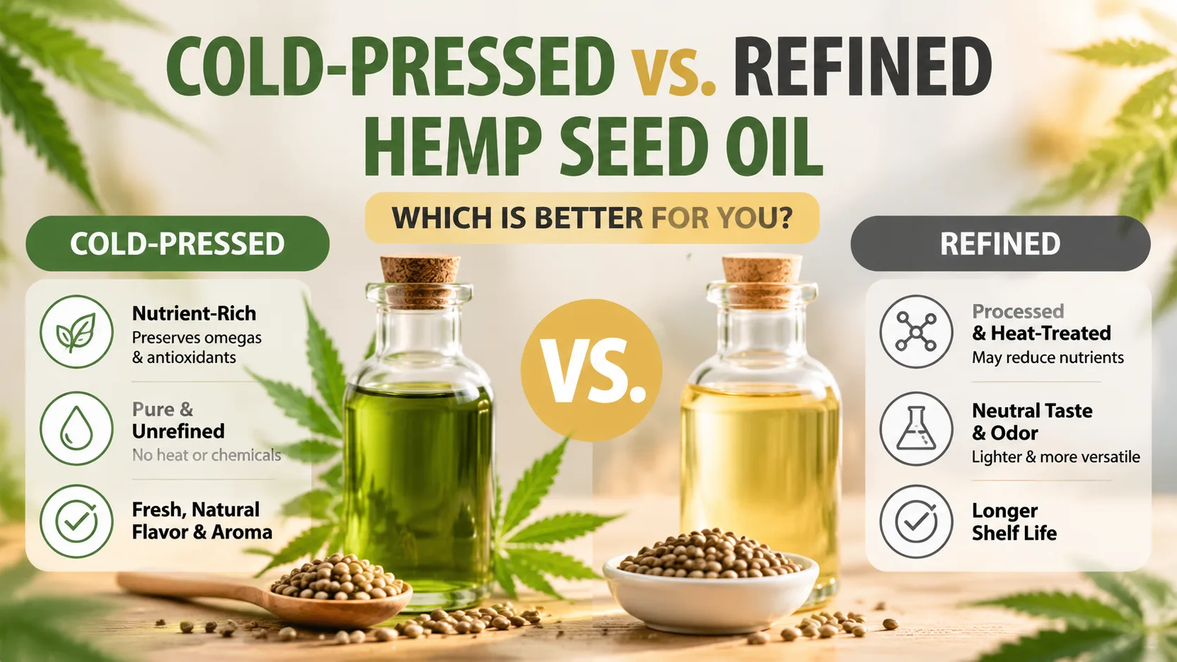 Olio di semi di canapa spremuto a freddo vs. raffinato: quale è meglio per te? 1 Cold-Pressed vs. Refined Hemp Seed Oil Which Is Better for You