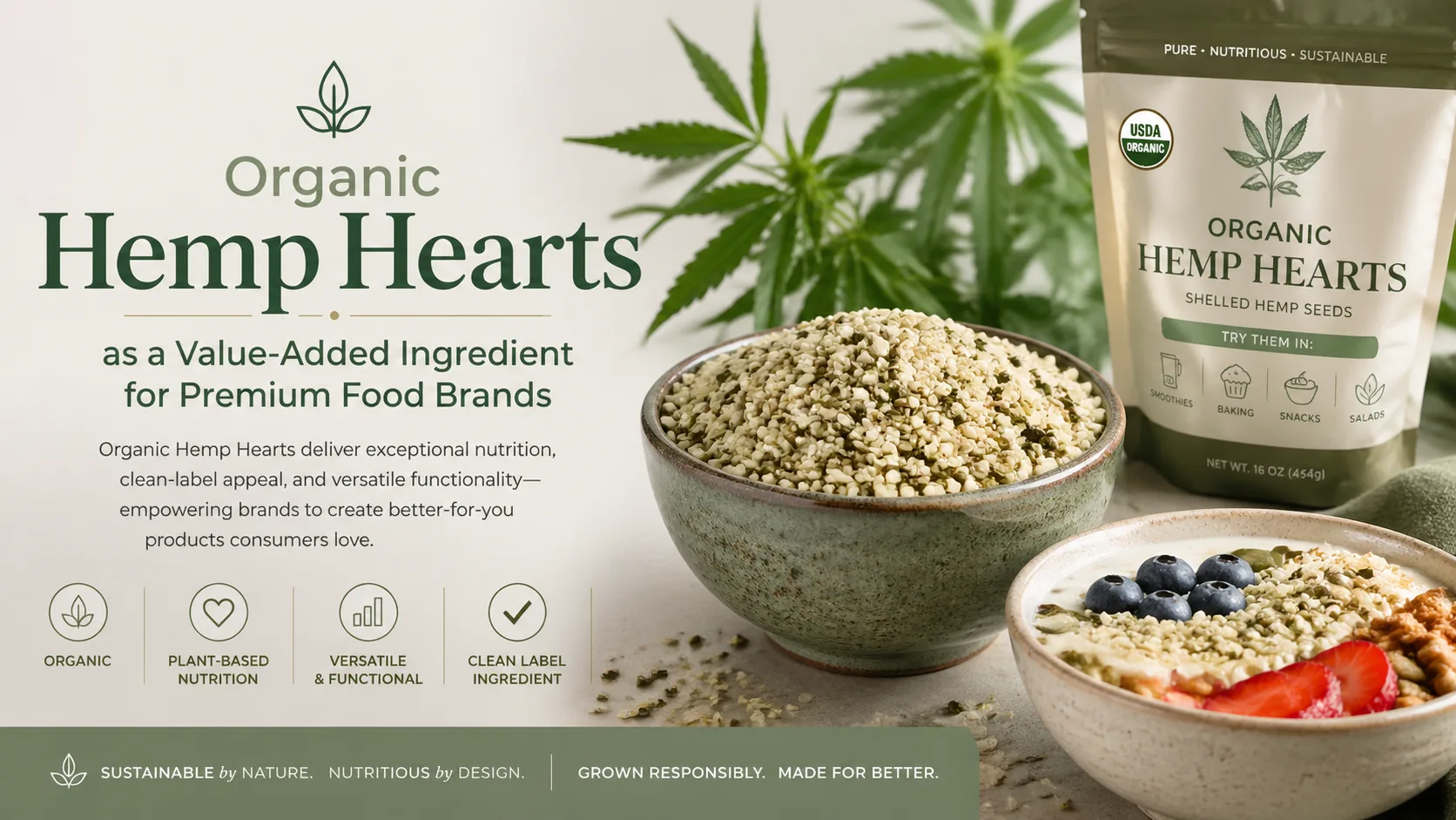 Semi di canapa decorticati bio come ingrediente a valore aggiunto per i marchi alimentari premium – Guida B2B completa 8 Organic Hemp Hearts as a Value-Added Ingredient for Premium Food Brands